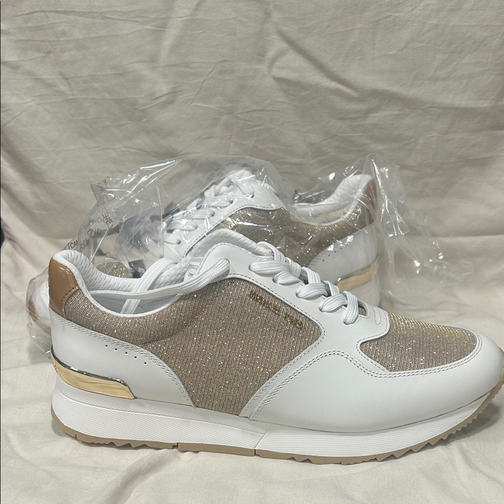MICHAEL Michael Kors White and Gold Sparkle Sneakers